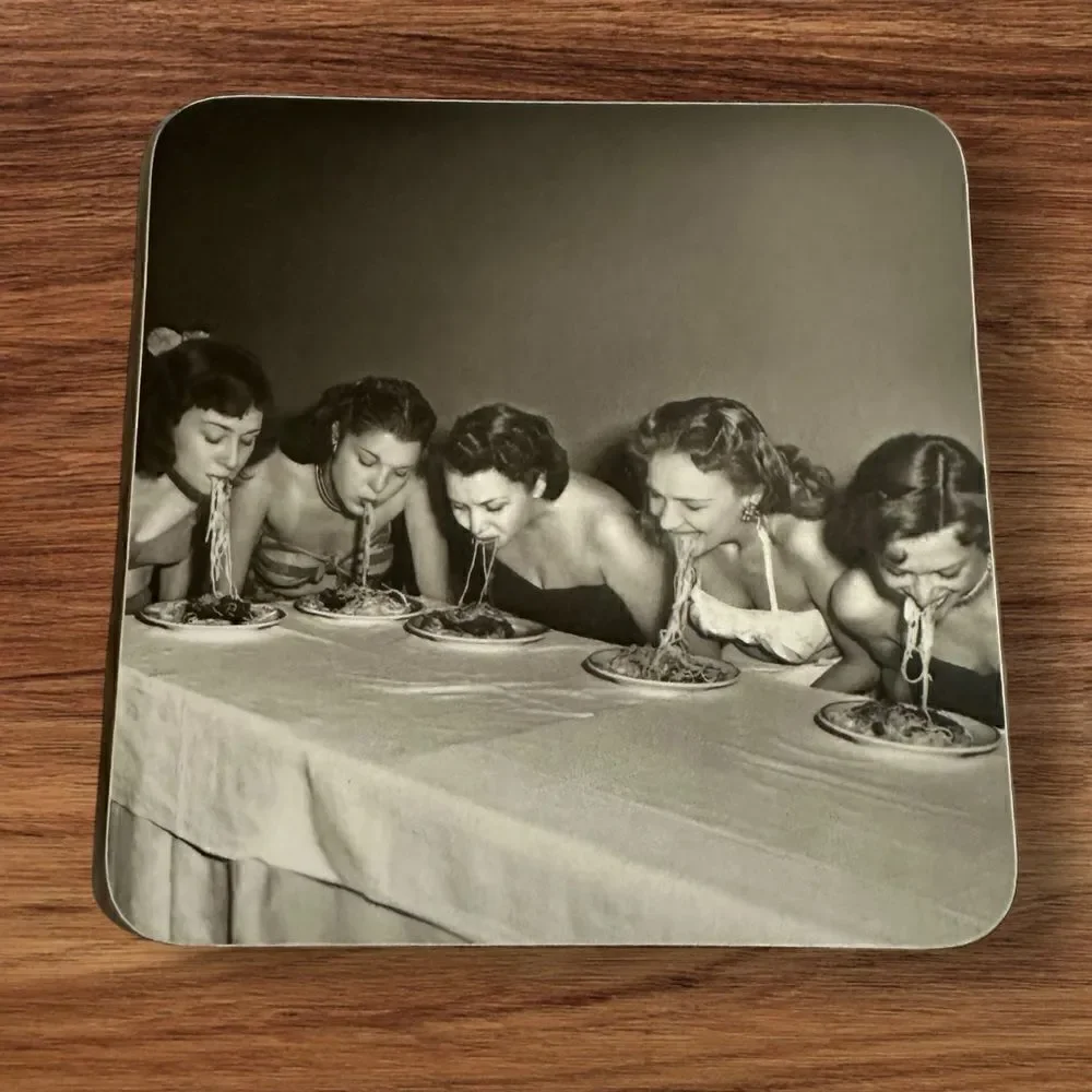 Vintage Harvey Nichols Food Market 4+1 Coasters - Retro Girls eating Spaghetti